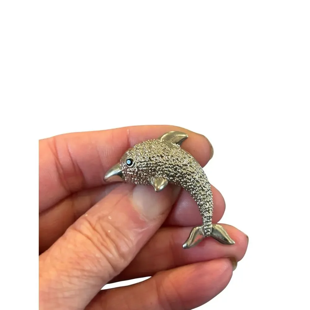 Vintage Leaping Dolphin Brooch Textured Silver Tone Ocean Coastal Nautical Pin